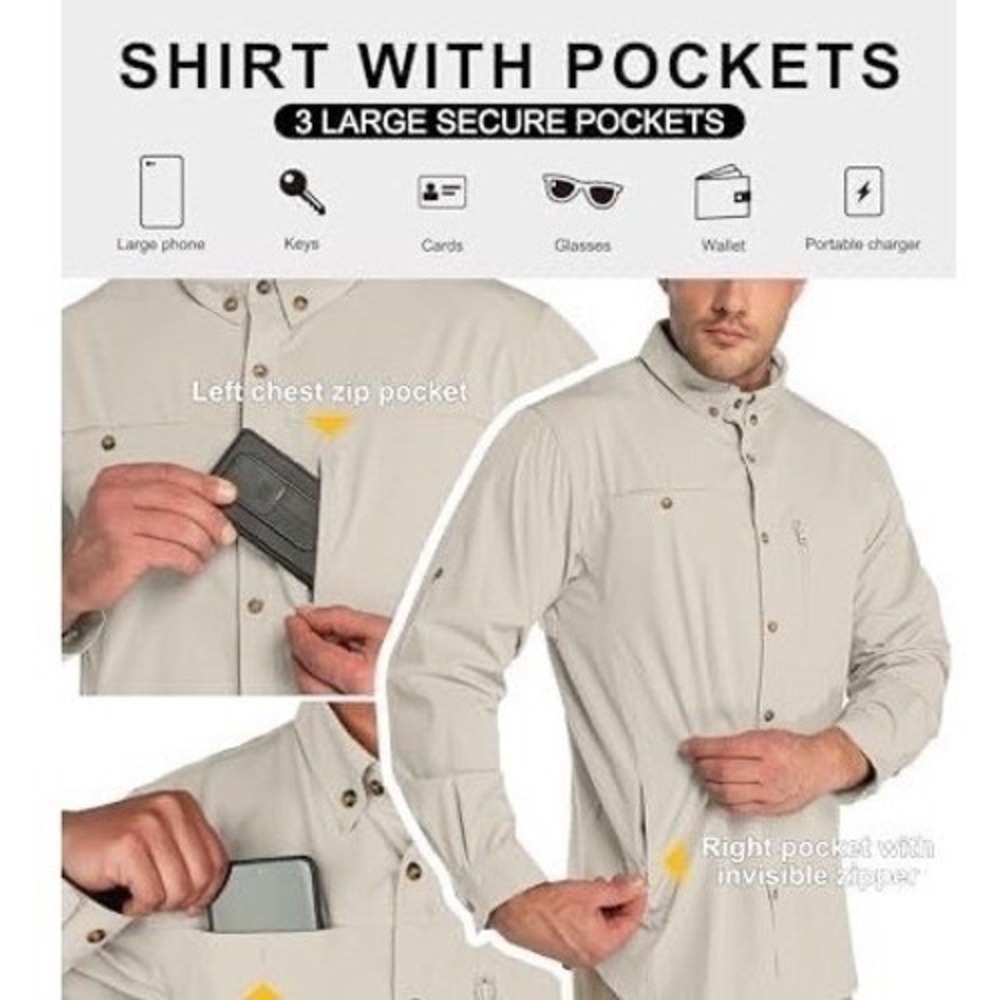 33,000ft‎ Mens UPF 50+ Long Sleeve Fishing Hiking Shirt Tan Ripstop Vented Large